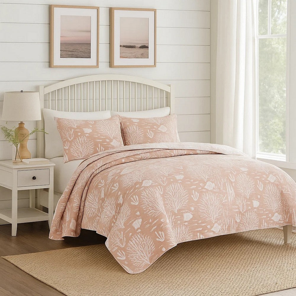 Amy 3 Piece Queen Quilt Set, Coastal Theme, Soft Pink White Polyester -BM332769