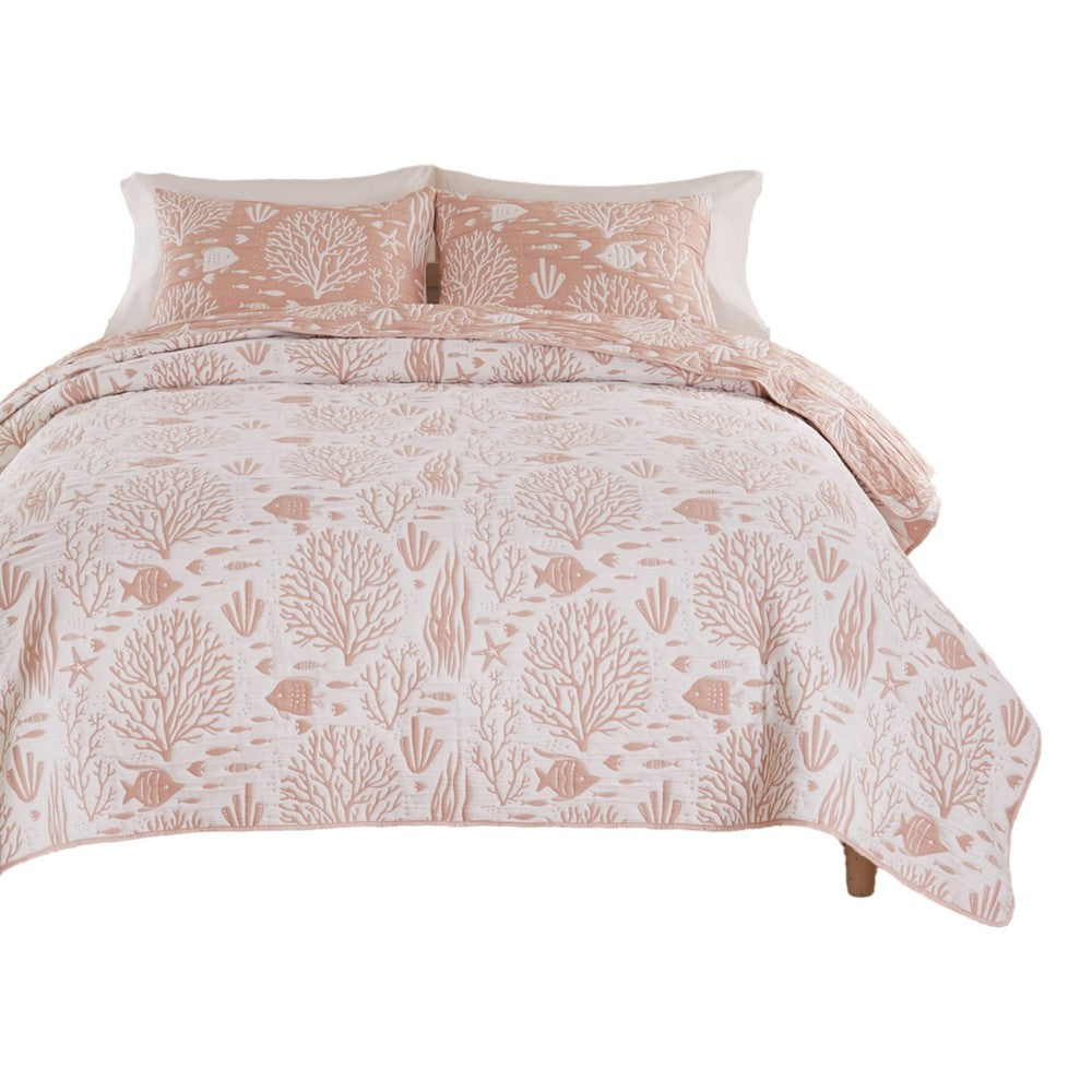 Amy 3 Piece King Quilt Set, Coastal Theme, Soft Pink White Polyester -BM332770