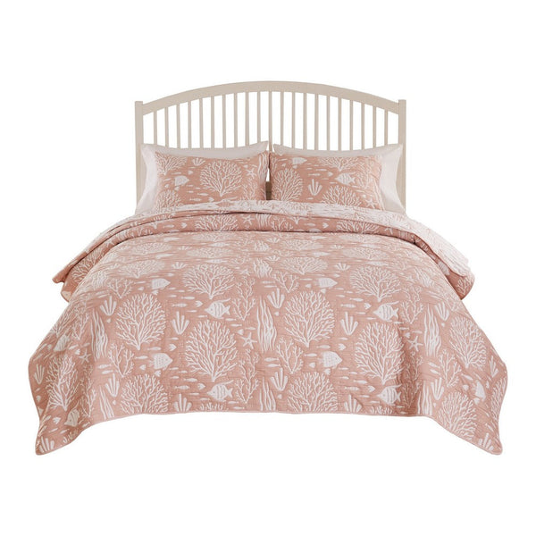 Amy 3 Piece King Quilt Set, Coastal Theme, Soft Pink White Polyester -BM332770