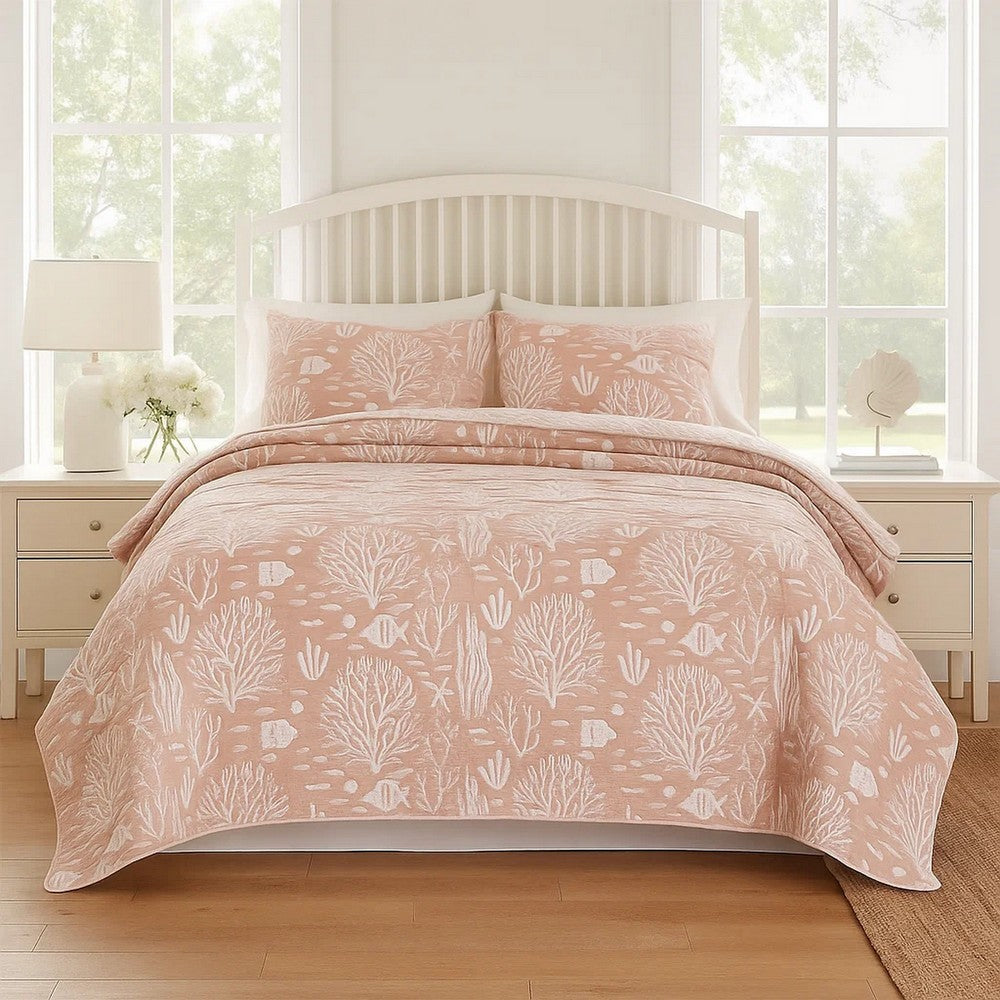 Amy 3 Piece King Quilt Set, Coastal Theme, Soft Pink White Polyester -BM332770