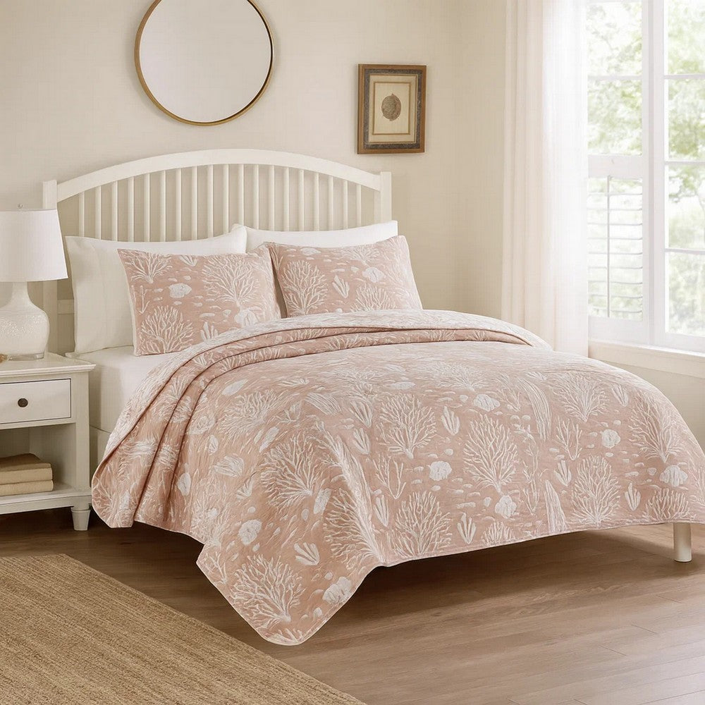Amy 3 Piece King Quilt Set, Coastal Theme, Soft Pink White Polyester -BM332770