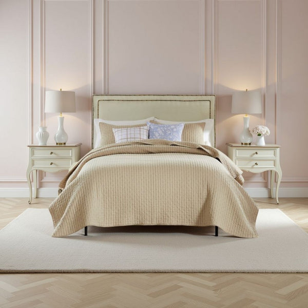 Xumi 2 Piece Twin Size Quilt Set, Beige Channel, Polyester and Cotton -BM332771