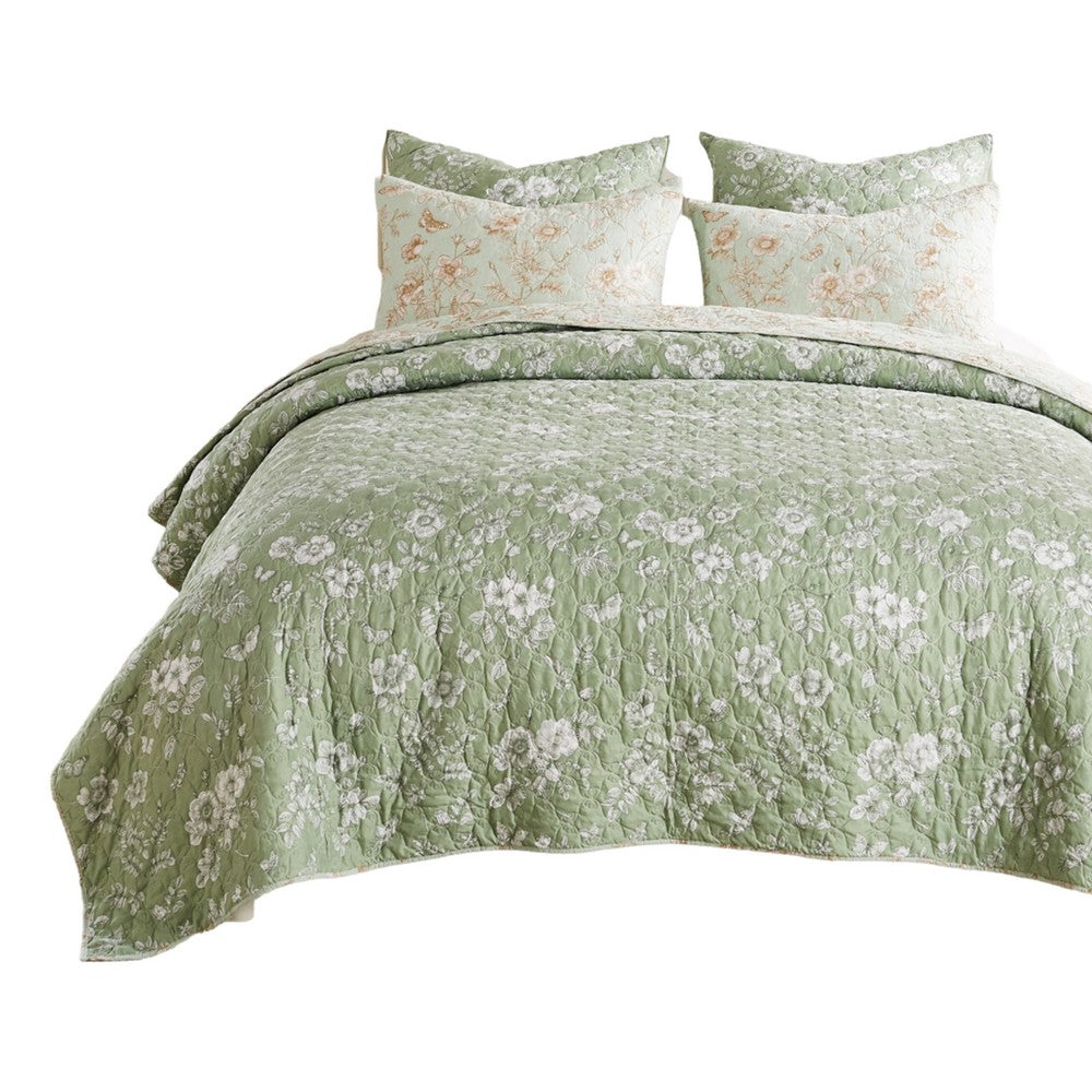 Vola 2 Piece Twin Quilt Set, Floral Pattern, Light Green Microfiber -BM332774