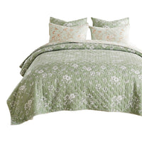 Vola 2 Piece Twin Quilt Set, Floral Pattern, Light Green Microfiber -BM332774