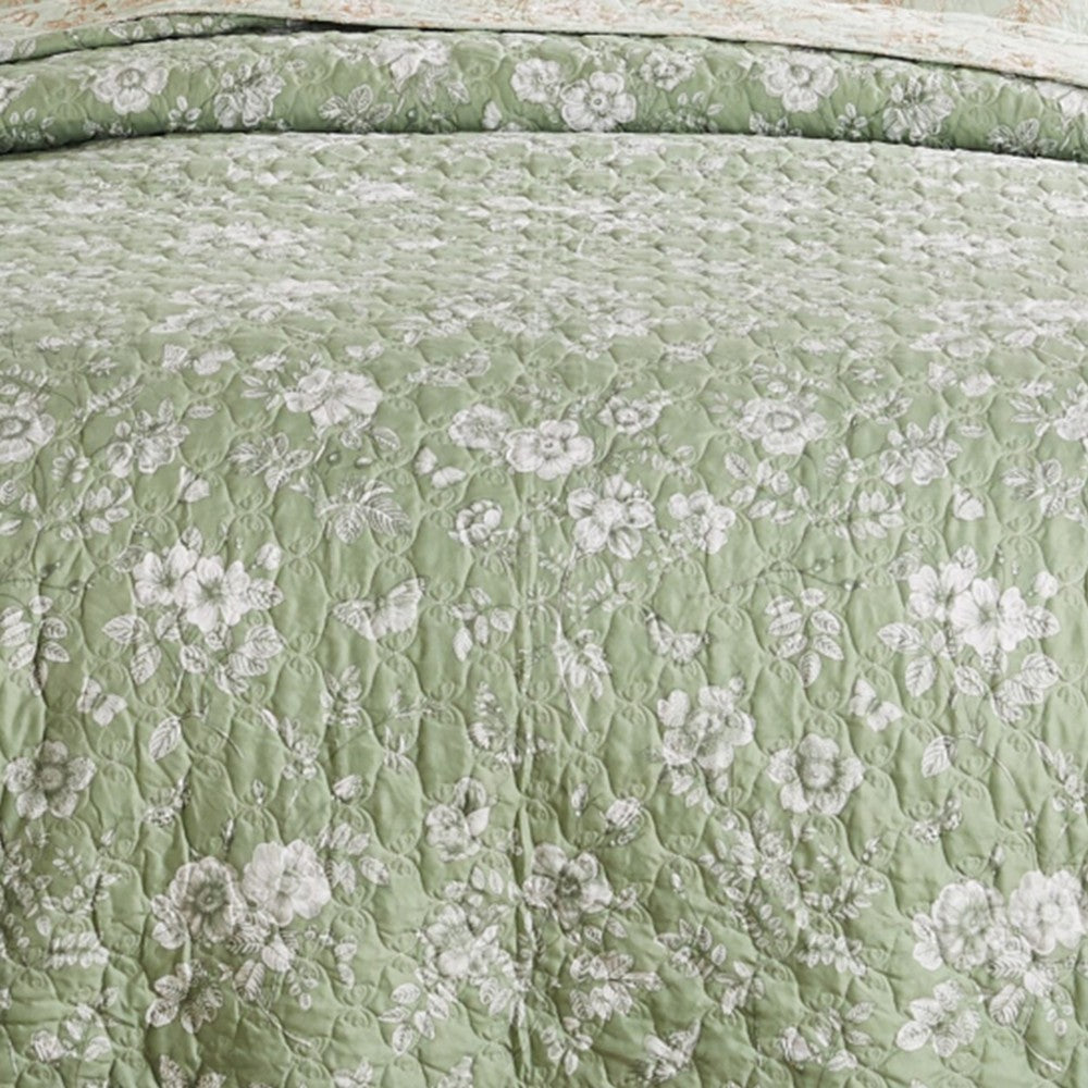 Vola 2 Piece Twin Quilt Set, Floral Pattern, Light Green Microfiber -BM332774