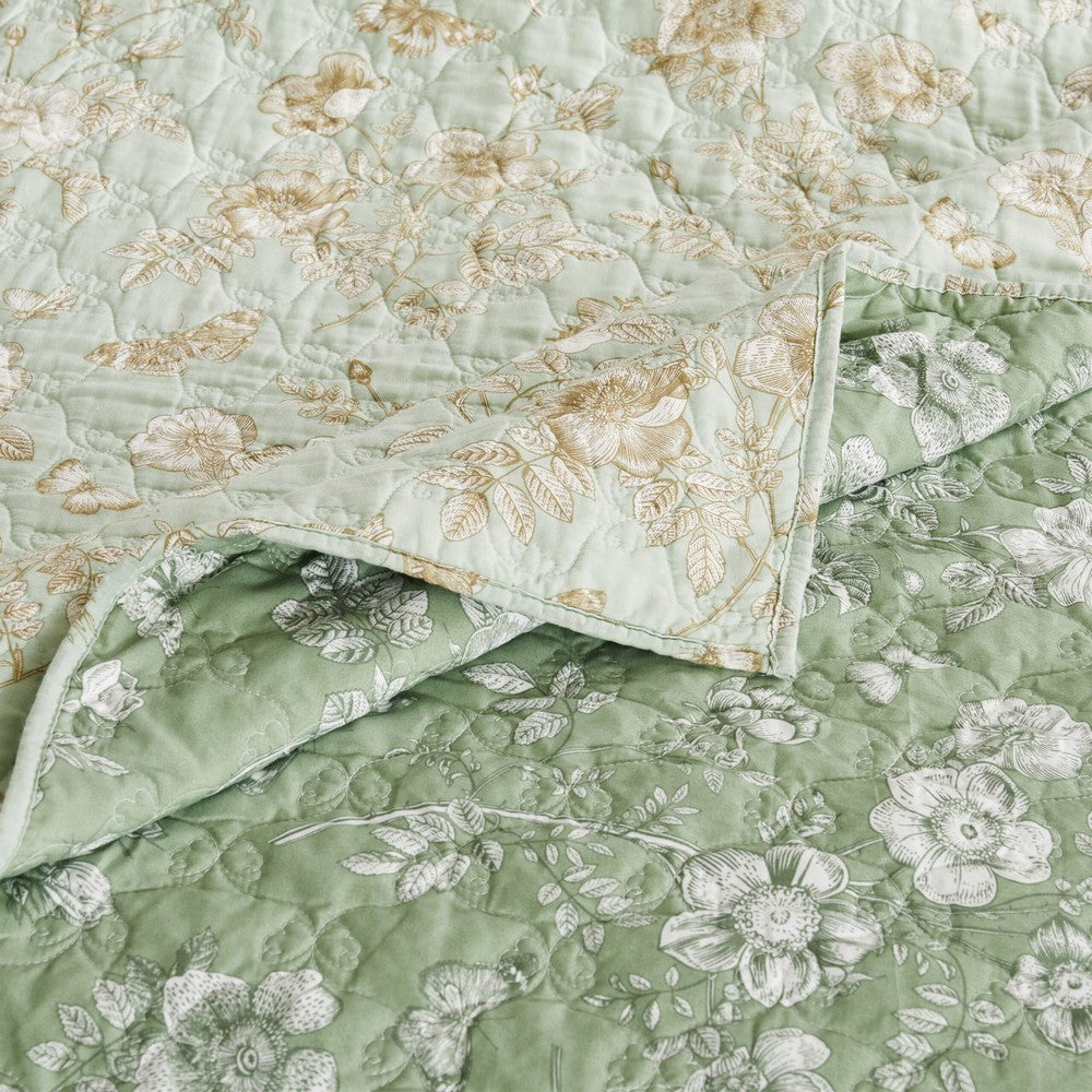 Vola 2 Piece Twin Quilt Set, Floral Pattern, Light Green Microfiber -BM332774