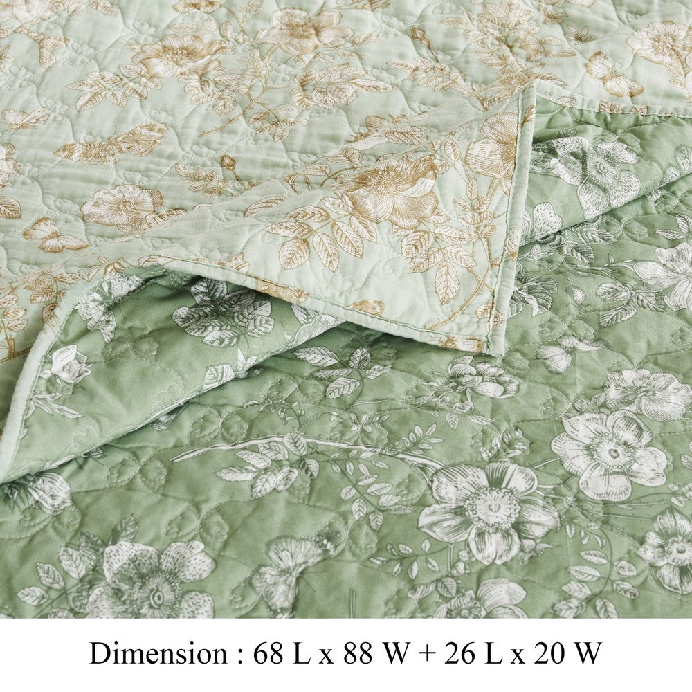 Vola 2 Piece Twin Quilt Set, Floral Pattern, Light Green Microfiber -BM332774