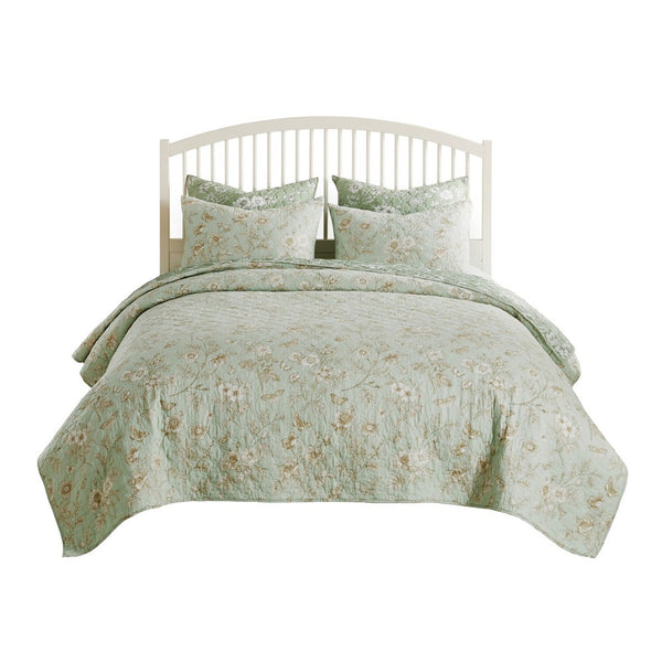 Vola 2 Piece Twin Quilt Set, Floral Pattern, Light Green Microfiber -BM332774