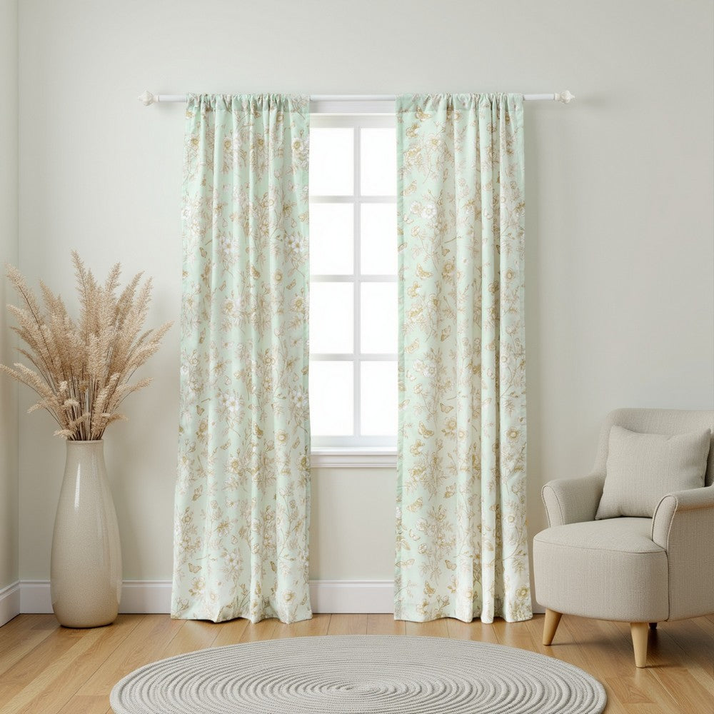 Vola 2 Panel Curtain Set, Light Mint Green Microfiber, Floral Pattern -BM332775