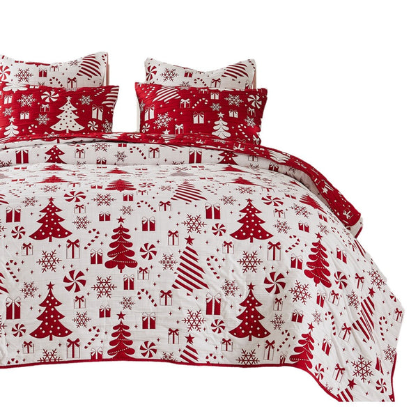 Daru 2 Piece Twin Quilt Set, Red and White Polyester, Christmas Theme -BM332777