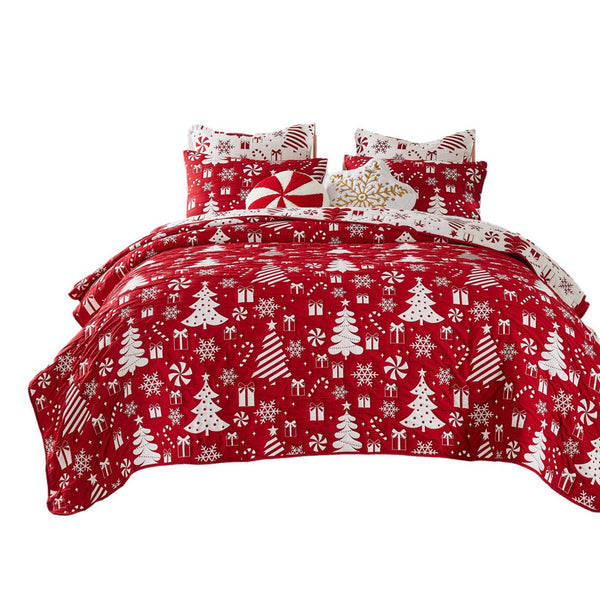 Daru 2 Piece Twin Quilt Set, Red and White Polyester, Christmas Theme -BM332777