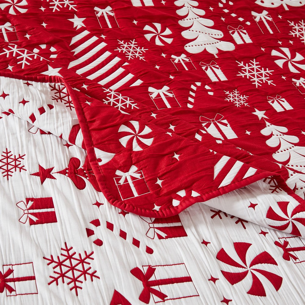 Daru 2 Piece Twin Quilt Set, Red and White Polyester, Christmas Theme -BM332777