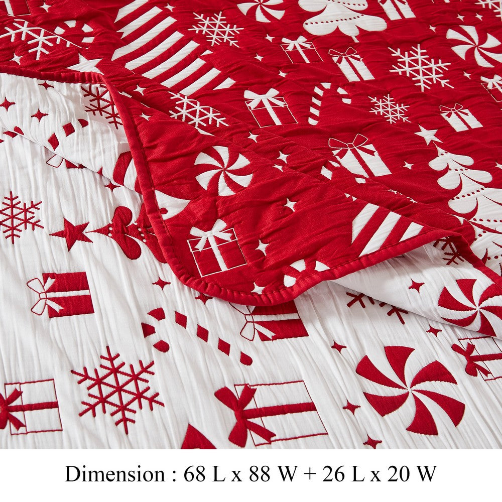 Daru 2 Piece Twin Quilt Set, Red and White Polyester, Christmas Theme -BM332777