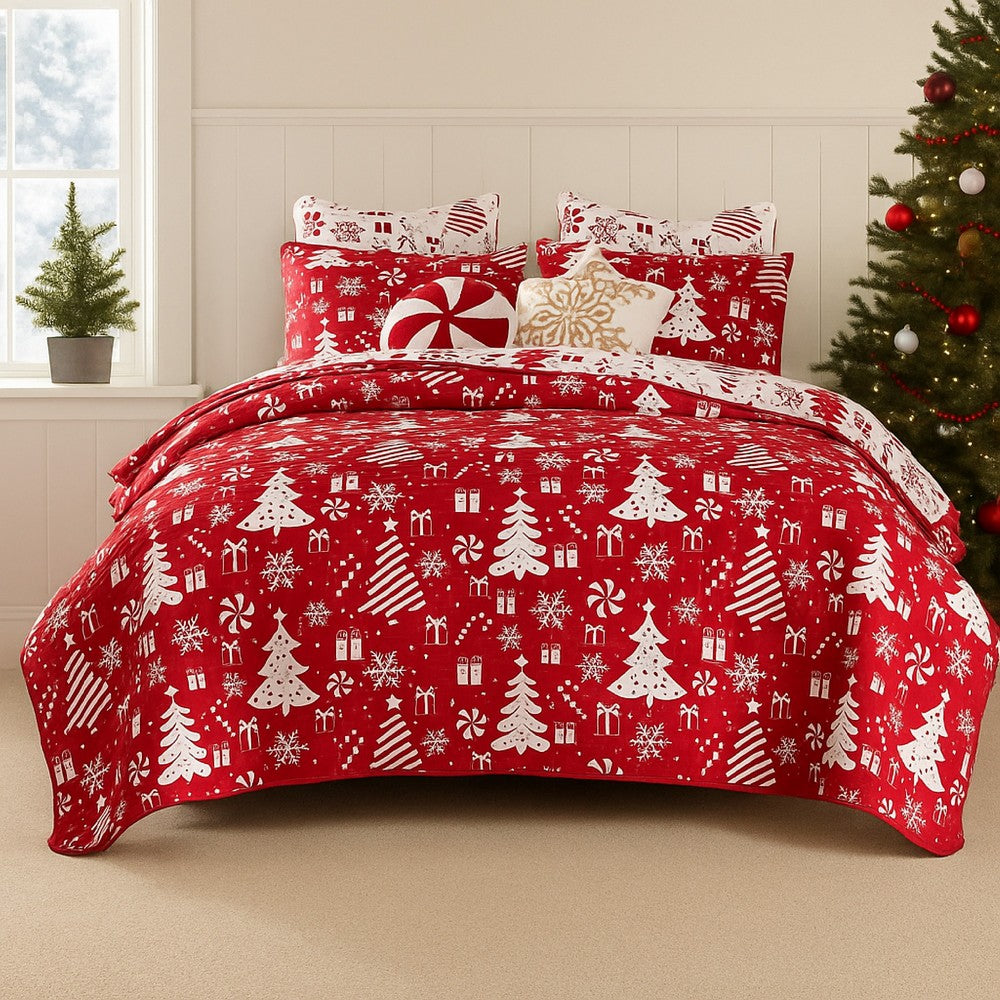 Daru 2 Piece Twin Quilt Set, Red and White Polyester, Christmas Theme -BM332777