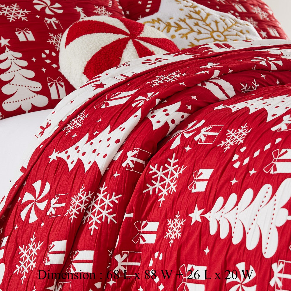 Daru 3 Piece Queen Quilt Set, Red and White Polyester, Christmas Theme -BM332778