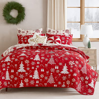 Daru 3 Piece Queen Quilt Set, Red and White Polyester, Christmas Theme -BM332778