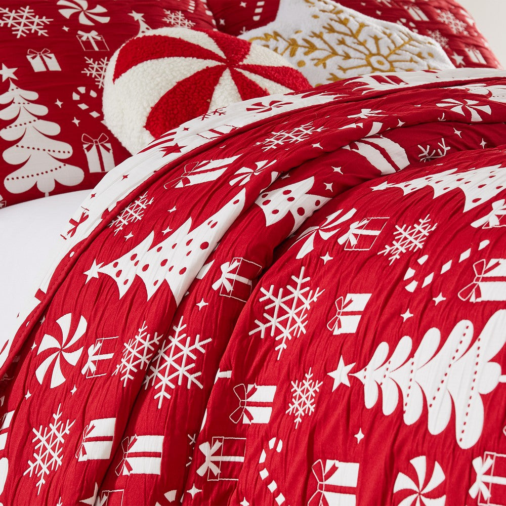 Daru 3 Piece King Quilt Set, Red and White Polyester, Christmas Theme -BM332779