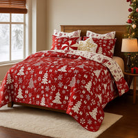 Daru 3 Piece King Quilt Set, Red and White Polyester, Christmas Theme -BM332779