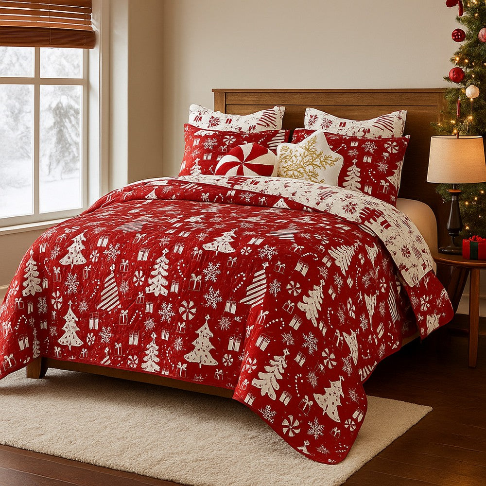 Daru 3 Piece King Quilt Set, Red and White Polyester, Christmas Theme -BM332779