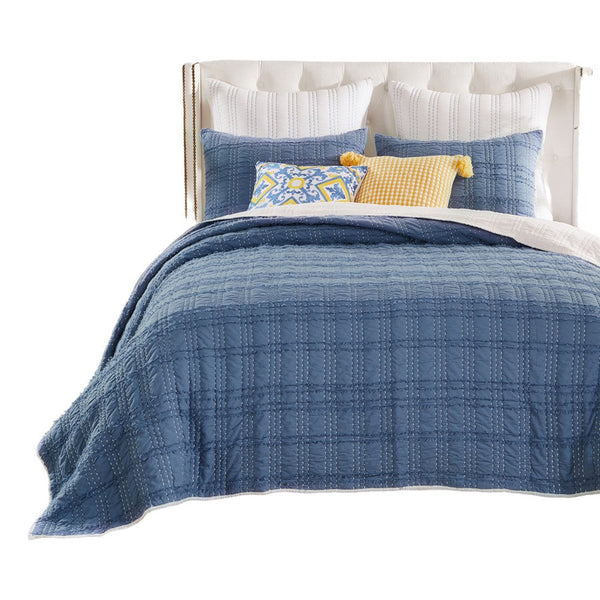 Liss 2pc Twin Quilt Set, Blue Cotton, Decorative Quilting Stitching -BM332780