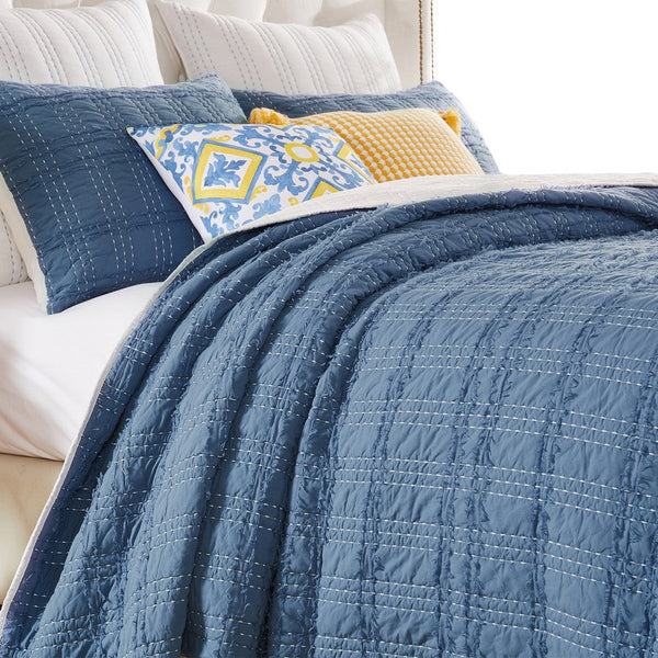 Liss 2pc Twin Quilt Set, Blue Cotton, Decorative Quilting Stitching -BM332780