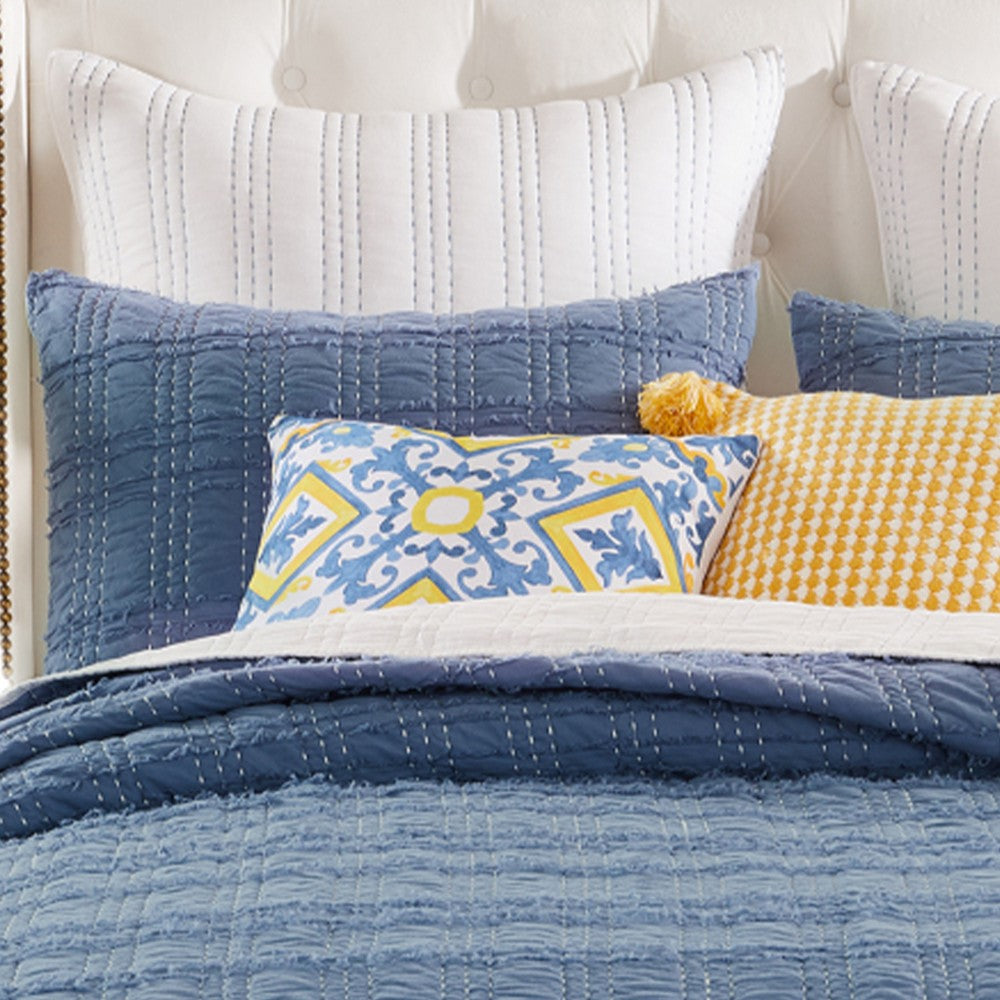 Liss 2pc Twin Quilt Set, Blue Cotton, Decorative Quilting Stitching -BM332780
