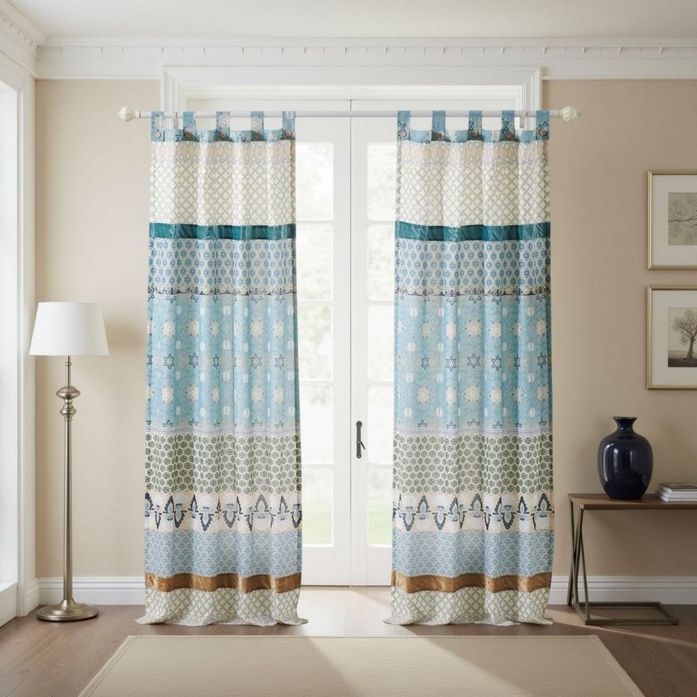 Ello 2 Panel Curtain Panel Set, Cotton White and Blue Geometric Print -BM332785