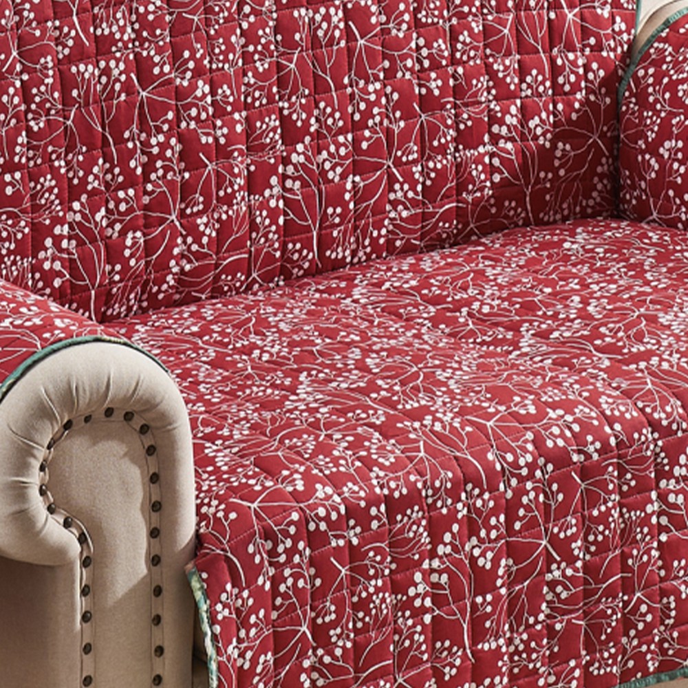 Lowa Loveseat Slipcover, Reversible Polyester, Green Red Festive Theme -BM332788