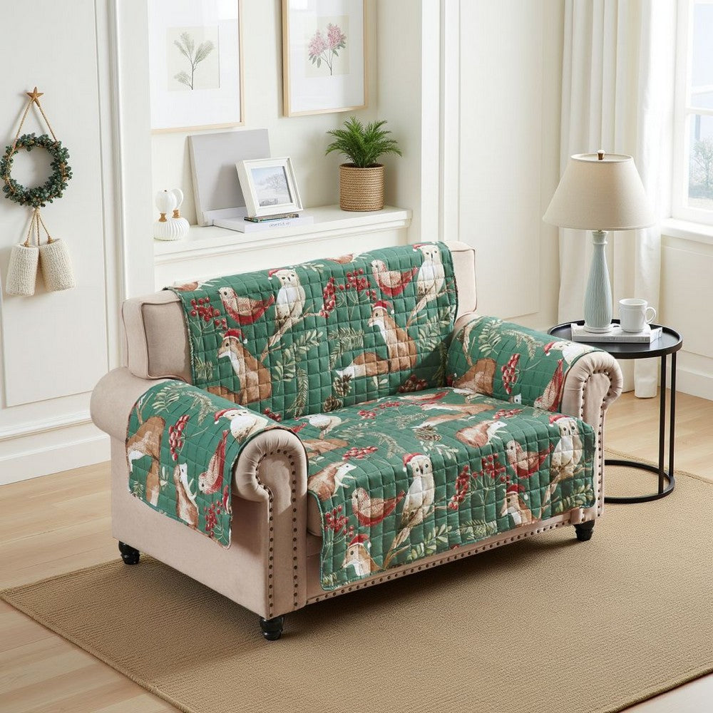 Lowa Loveseat Slipcover, Reversible Polyester, Green Red Festive Theme -BM332788