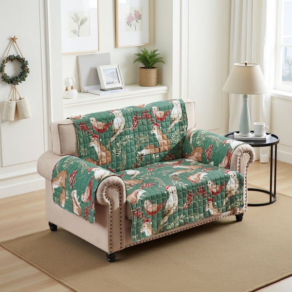 Lowa Loveseat Slipcover, Reversible Polyester, Green Red Festive Theme -BM332788