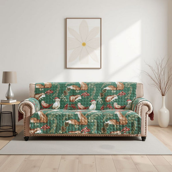 Lowa Sofa Slipcover, Reversible, Polyester, Green, Red Festive Theme -BM332789