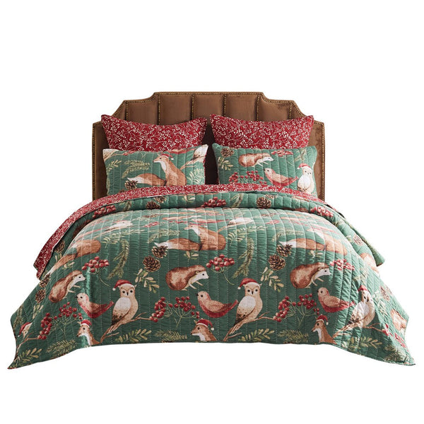 Lowa 2 Piece Twin Size Quilt Set, Festive Theme Red Green Polyester -BM332790