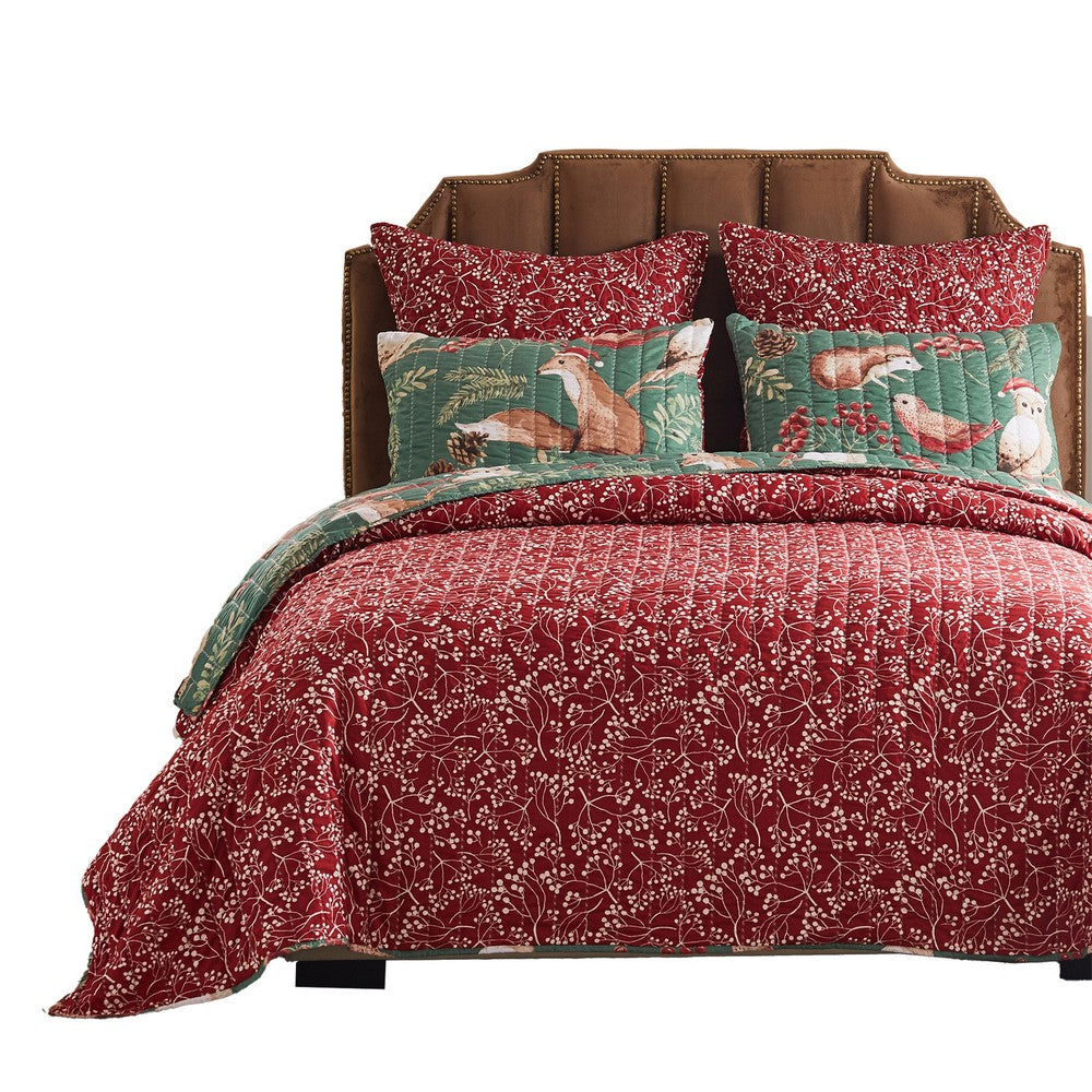Lowa 2 Piece Twin Size Quilt Set, Festive Theme Red Green Polyester -BM332790