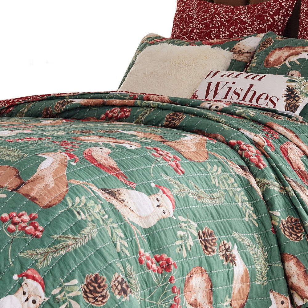 Lowa 2 Piece Twin Size Quilt Set, Festive Theme Red Green Polyester -BM332790