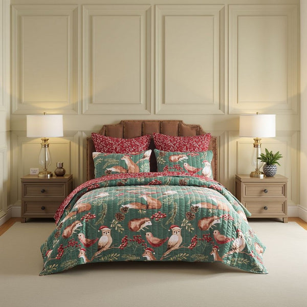 Lowa 2 Piece Twin Size Quilt Set, Festive Theme Red Green Polyester -BM332790