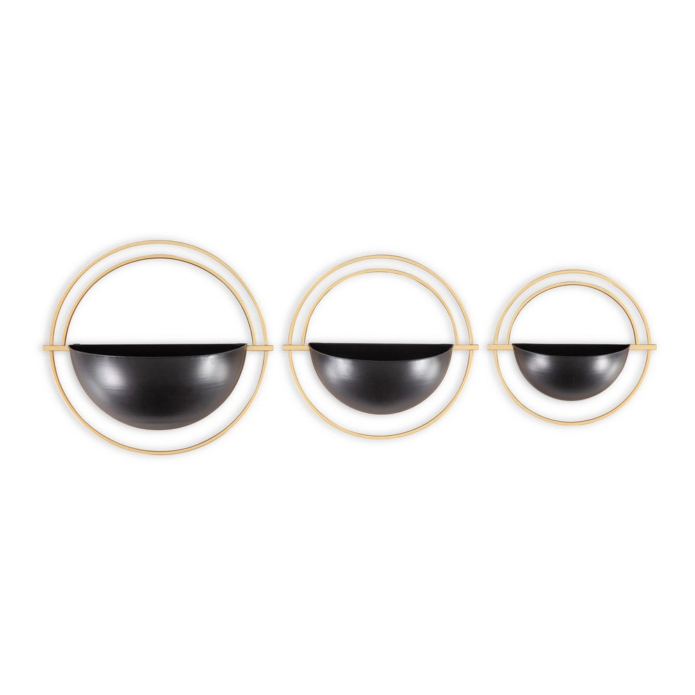 Wall Planter Set of 3, Black and Gold Metal Frame, Round Designs -BM332799