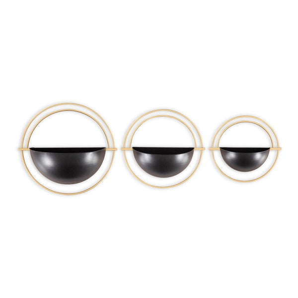 Wall Planter Set of 3, Black and Gold Metal Frame, Round Designs -BM332799