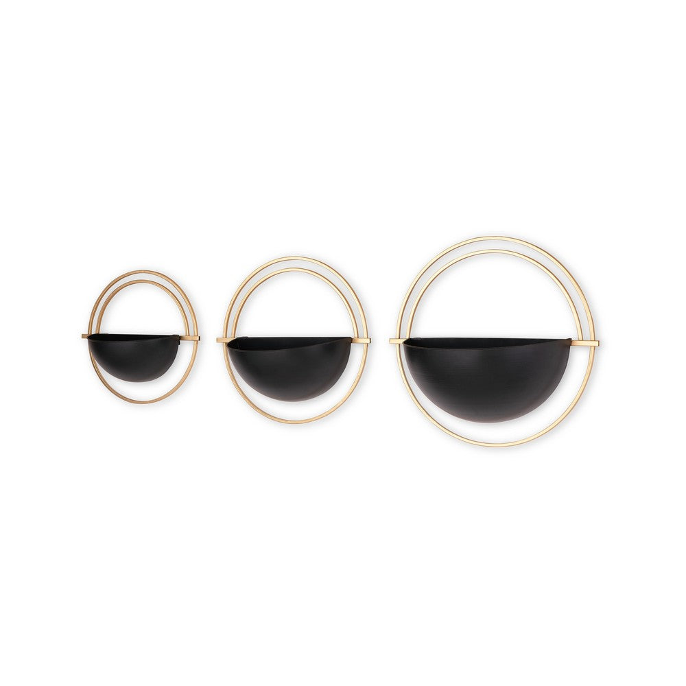 Wall Planter Set of 3, Black and Gold Metal Frame, Round Designs -BM332799