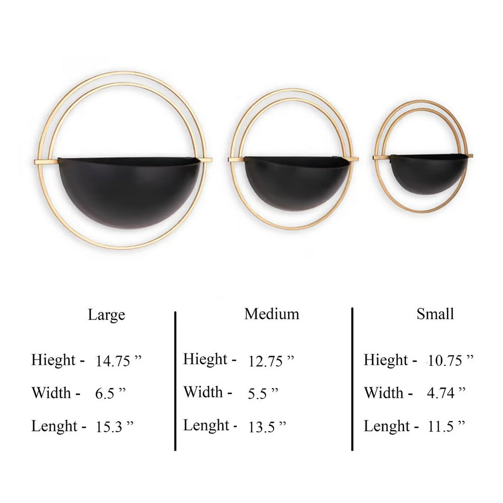 Wall Planter Set of 3, Black and Gold Metal Frame, Round Designs -BM332799