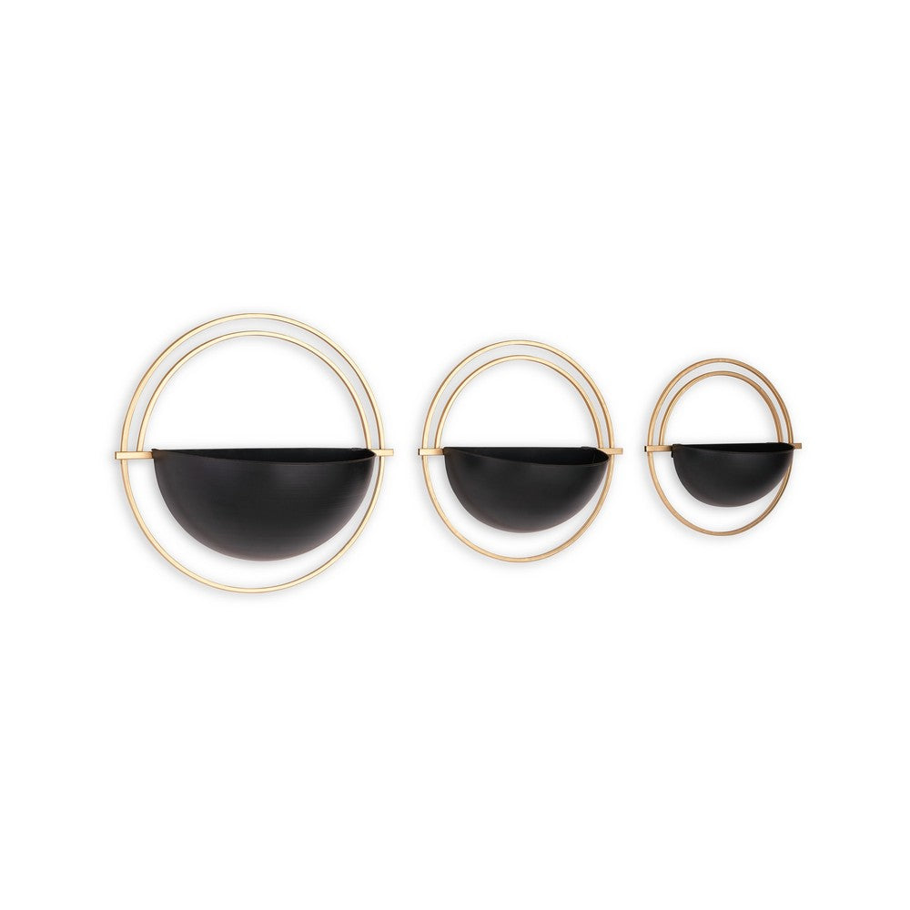 Wall Planter Set of 3, Black and Gold Metal Frame, Round Designs -BM332799