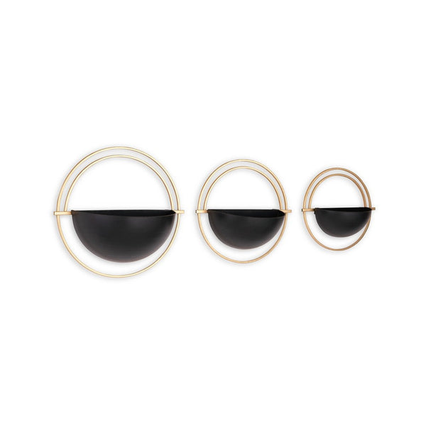 Wall Planter Set of 3, Black and Gold Metal Frame, Round Designs -BM332799