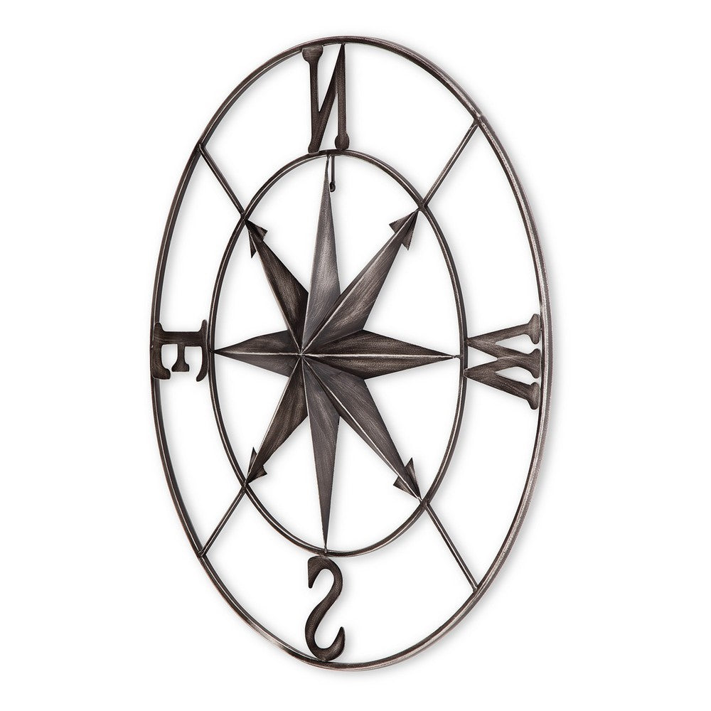 Accent Wall Art Decor, 32 Inch Nautical Compass Design, Gray Metal -BM332801