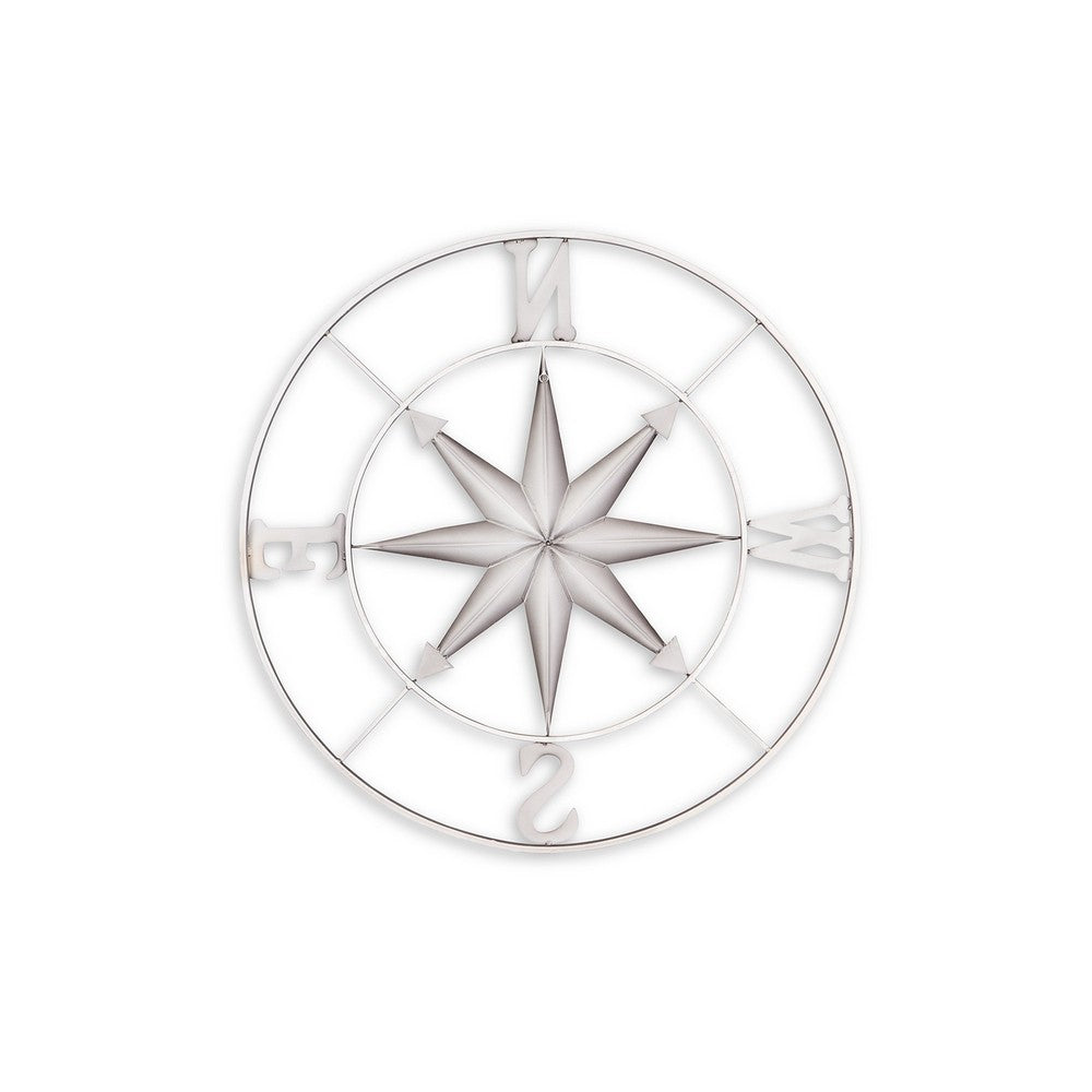 Accent Wall Art Decor, 32 Inch Nautical Compass Design, Gray Metal -BM332801