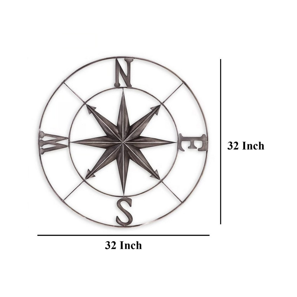 Accent Wall Art Decor, 32 Inch Nautical Compass Design, Gray Metal -BM332801