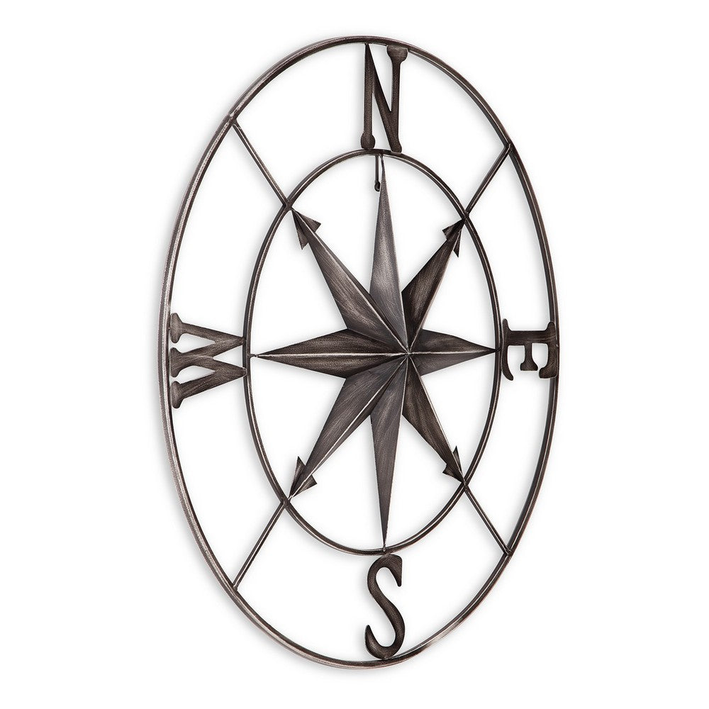 Accent Wall Art Decor, 32 Inch Nautical Compass Design, Gray Metal -BM332801