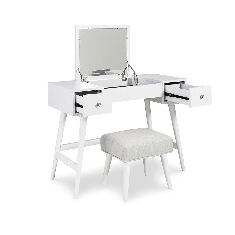 Thio 2pc Vanity Desk Set with Stool, 2 Drawers White Minimalist Design -BM332802