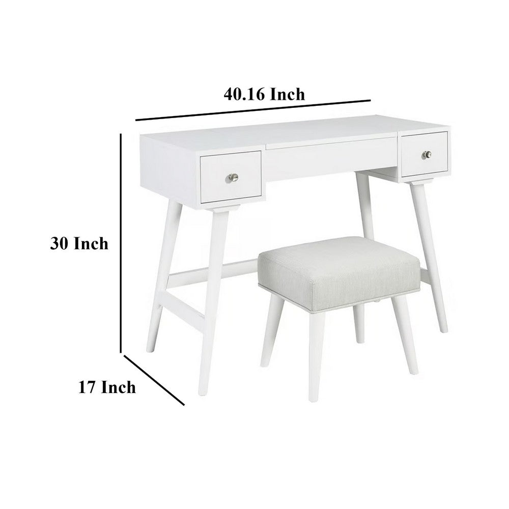 Thio 2pc Vanity Desk Set with Stool, 2 Drawers White Minimalist Design -BM332802