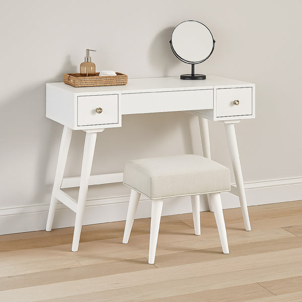 Thio 2pc Vanity Desk Set with Stool, 2 Drawers White Minimalist Design -BM332802