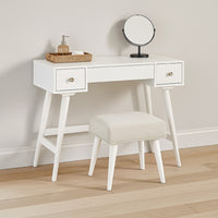 Thio 2pc Vanity Desk Set with Stool, 2 Drawers White Minimalist Design -BM332802