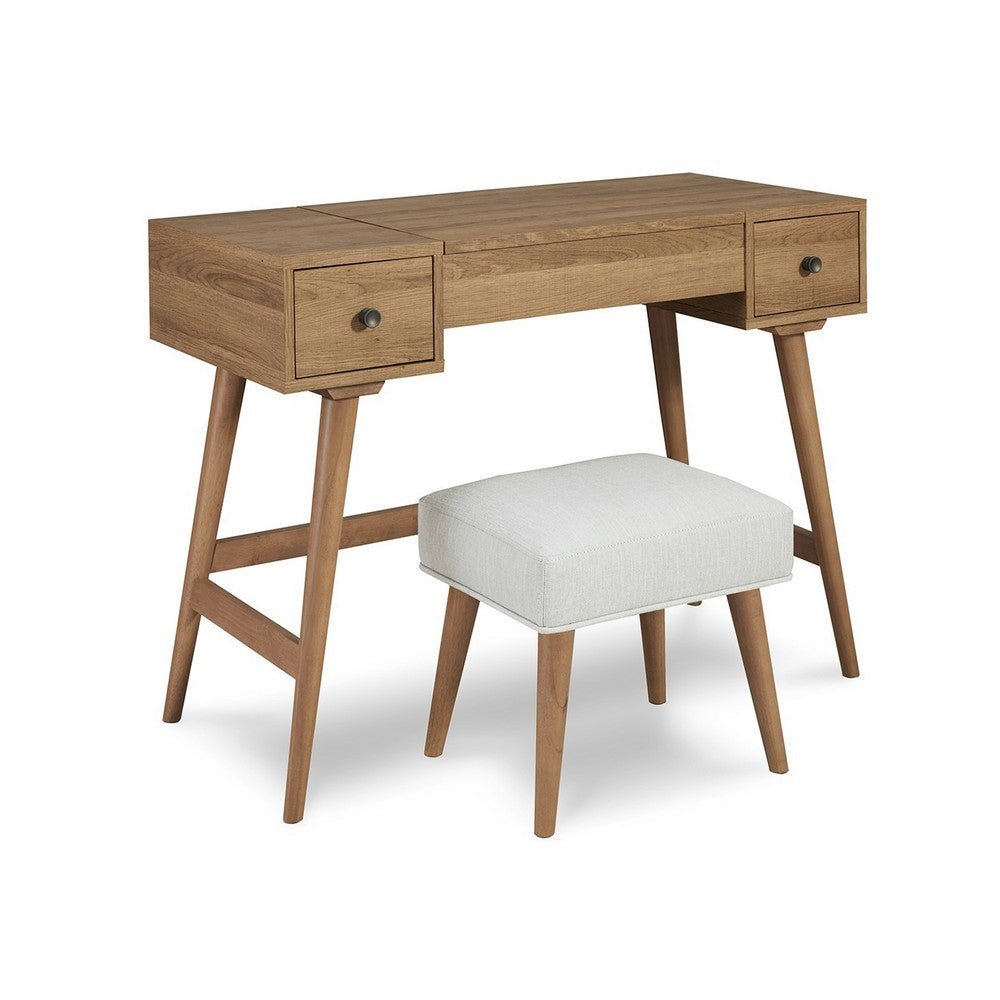 Thio 2pc Vanity Desk Set with Stool, 2 Drawers Brown Minimalist Design -BM332803